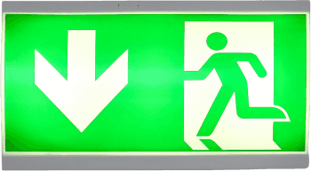 Green Emergency Exit Sign With Arrow and Person Running out of the Door