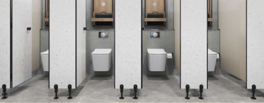 Modern Toilet Cubicles With Grey Dividers and Hanging Toilets